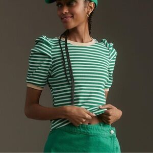 Stylish Green Striped Puff Sleeve Top